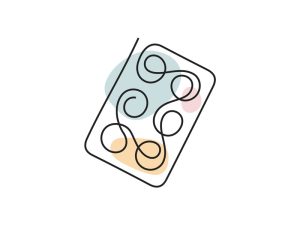 A colored continuous line illustration of a blister pack with six pills depicting hormone replacement therapy.