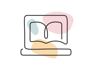A colored continuous line illustration of a computer screen with an image of a book depicting text to read on the screen.