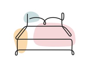 A colored continuous line illustration of a double bed with pillows and bedding depicting sleep and recovery.