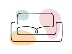 A colored continuous line illustration of a double sofa typically used in a therapy setting.