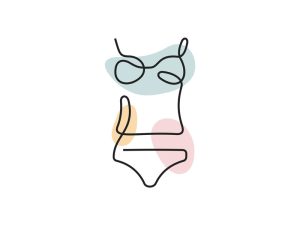 A colored continuous line illustration of a female set of underwear depicting the vaginal and vulval area.