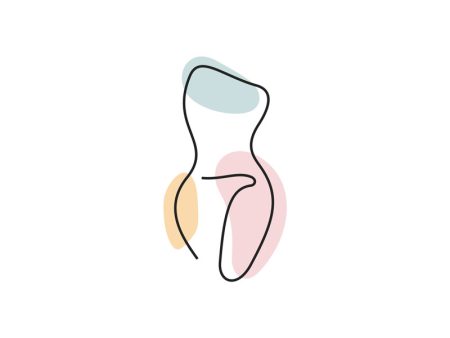 A colored continuous line illustration of a female torso with a full-figure and curvy hips.