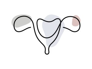 A colored continuous line illustration of a female uterus showing both ovaries, the cervix and the vagina in ocean palette.