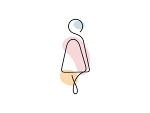 A colored continuous line illustration of a female with her logs crossed indicating an urgent need to urinate.