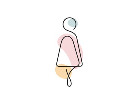 A colored continuous line illustration of a female with her logs crossed indicating an urgent need to urinate.