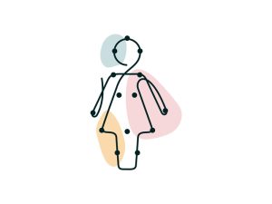 A colored continuous line illustration of a full female body with areas showing physical symptoms.
