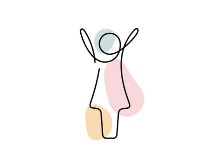 A colored continuous line illustration of a full female body with her hands outstretched in the air above her head indicating joy.