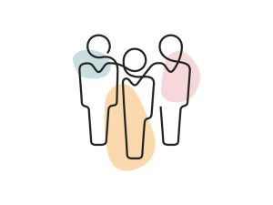 A colored continuous line illustration of a group of team members standing in a V-shape formation.