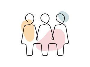 A colored continuous line illustration of a group of three women standing side by side in an employment or social setting.