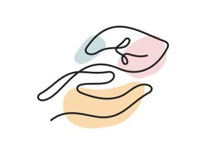 A colored continuous line illustration of a hand below a natural leaf depicting complementary and alternative medicine and therapies.