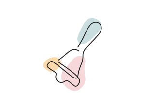 A colored continuous line illustration of a hand held bell on an angle as a symbol of change.