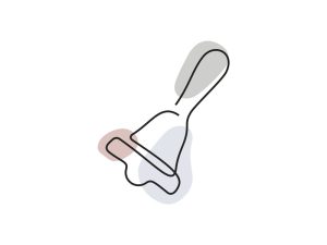 A colored continuous line illustration of a hand held bell on an angle as a symbol of change in ocean palette.