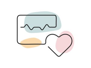 A colored continuous line illustration of a heart connected to a monitor showing a heart rate line.