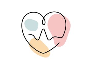 A colored continuous line illustration of a heart with a heart rate line inside the heart.