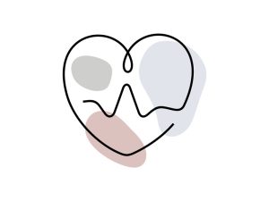 A colored continuous line illustration of a heart with a heart rate line inside the heart in ocean palette.