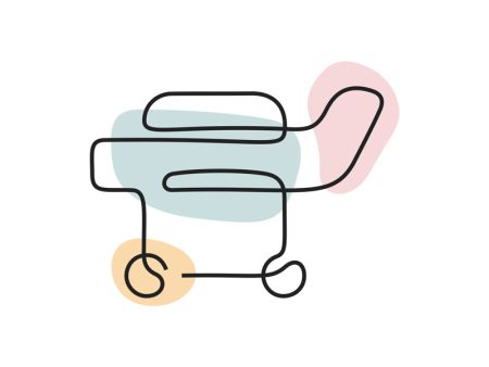 A colored continuous line illustration of a hospital bed on wheels with the head of the bed elevated.