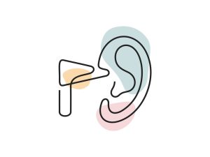 A colored continuous line illustration of a human ear being inspected with an otoscope.