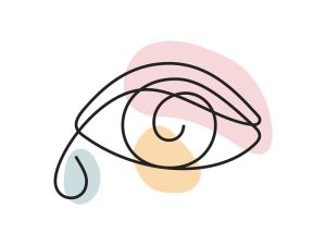 A colored continuous line illustration of a human eye and eyelid with a single tear depicting crying.