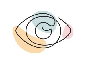 A colored continuous line illustration of a human eye showing the eyelid, iris and pupil.