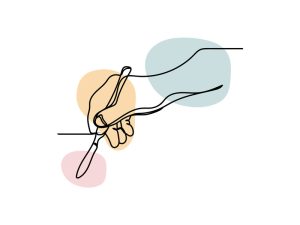 A colored continuous line illustration of a human hand holding a surgical scalpel depicting making a surgical incision.