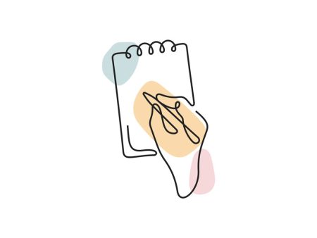 A colored continuous line illustration of a human hand writing with a pencil on a notepad.