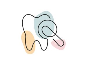 A colored continuous line illustration of a human tooth being inspected with a dental mouth mirror.