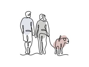 A colored continuous line illustration of a male and female couple walking their dog side by side.