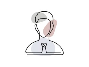 A colored continuous line illustration of a male's head and upper shoulders wearing a collared shirt and tie.
