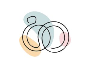 A colored continuous line illustration of a man and a woman's wedding rings intertwined symbolizing partnership.