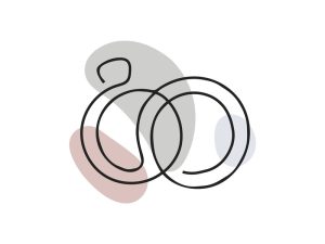 A colored continuous line illustration of a man and a woman's wedding rings intertwined symbolizing partnership in ocean palette.