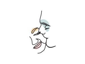 A colored continuous line illustration of a man intimately kissing a woman's cheek and she has a pleased grin on her face.