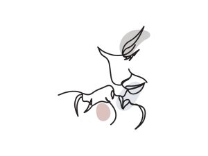 A colored continuous line illustration of a man intimately looking at a woman who is lying down about to kiss her.