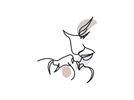 A colored continuous line illustration of a man intimately looking at a woman who is lying down about to kiss her.