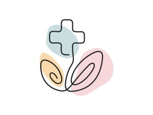 A colored continuous line illustration of a medical cross symbol with rounded smooth edges with two leaves stemming from underneath.