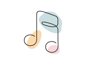 A colored continuous line illustration of a musical note as symbol of music to listen to.