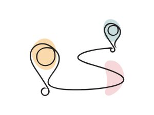 A colored continuous line illustration of a path with two guidance location pointers as simple pins.