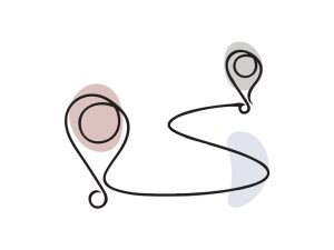 A colored continuous line illustration of a path with two guidance location pointers as simple pins in ocean palette.