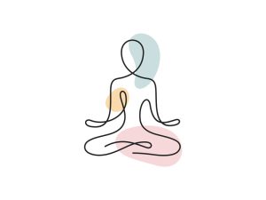 A colored continuous line illustration of a person seated in a meditative lotus pose with their legs crossed and hands facing upward.
