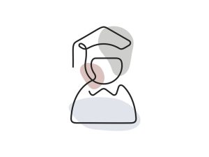 A colored continuous line illustration of a person with a graduation hat indicating they have graduated from something.