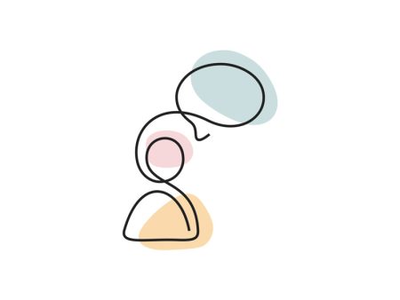 A colored continuous line illustration of a person with a speech balloon above their head depicting thoughts and memories.