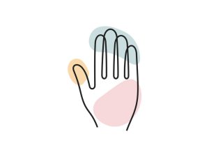A colored continuous line illustration of a person's right hand with five fingers in view.