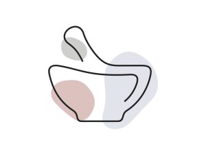 A colored continuous line illustration of a pharmacists mortar and pestle compounding tool in ocean palette.