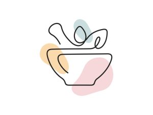 A colored continuous line illustration of a pharmacists mortar and pestle compounding tool with leaves coming out of the top.