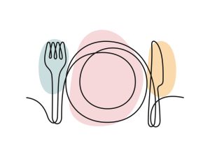 A colored continuous line illustration of a plate with a fork on the left side and a knife on the right side.