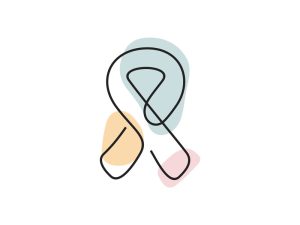 A colored continuous line illustration of a ribbon depicting the universal symbol of breast cancer.