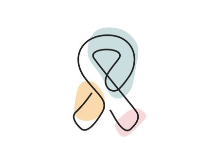 A colored continuous line illustration of a ribbon depicting the universal symbol of breast cancer.