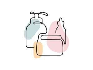 A colored continuous line illustration of a selection of health bottles and packaging depicting various products.