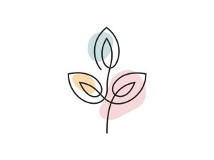 A colored continuous line illustration of a single branch with a leaf stemming from the top, left and right.