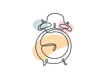 A colored continuous line illustration of a traditional wind-up mechanical spring-powered alarm clock with feet.
