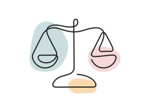 A colored continuous line illustration of a weighing scale on a stand with balanced weight.